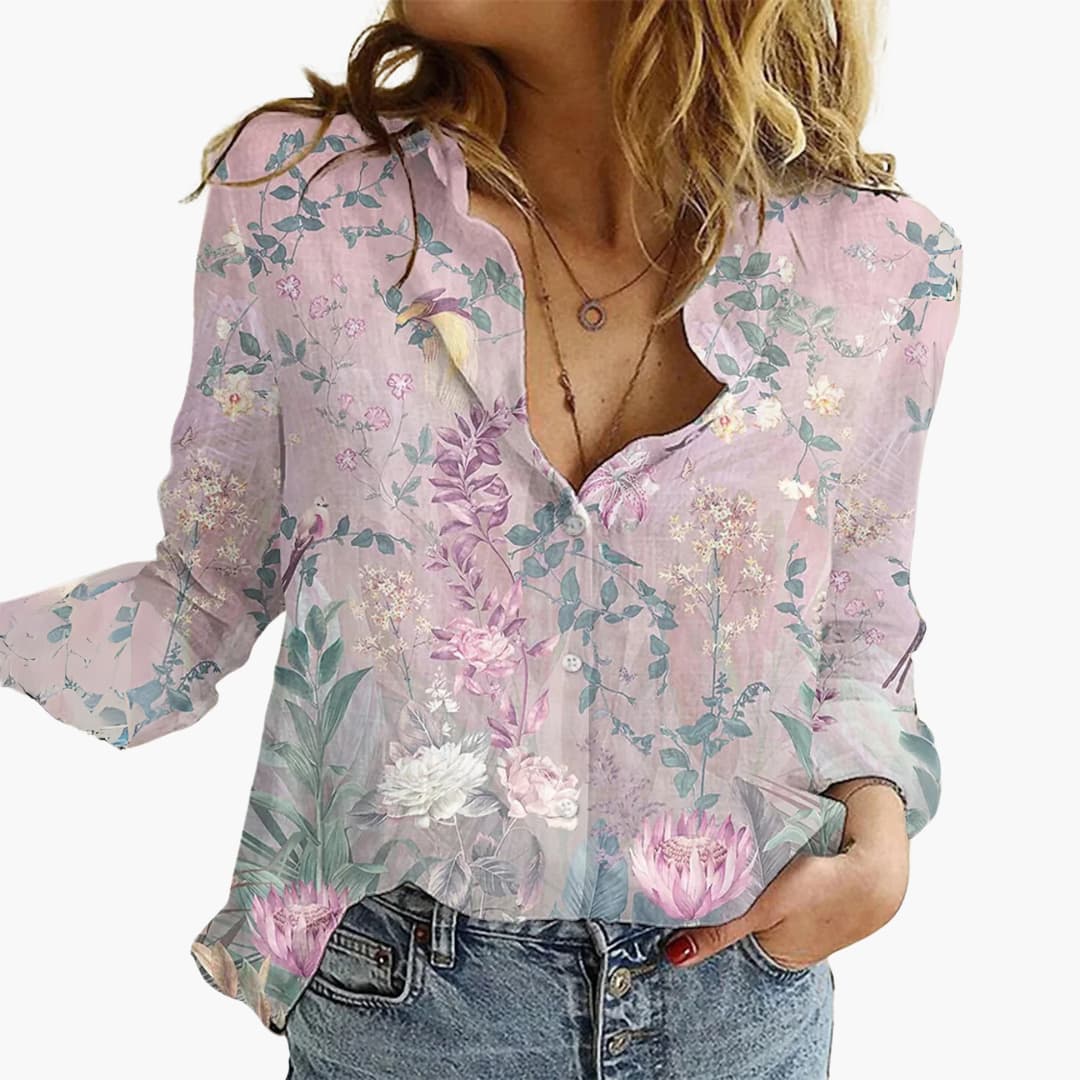 Kunstvoll bedruckte V-Ausschnitt Bluse - Damen Freizeitlook - Image 7