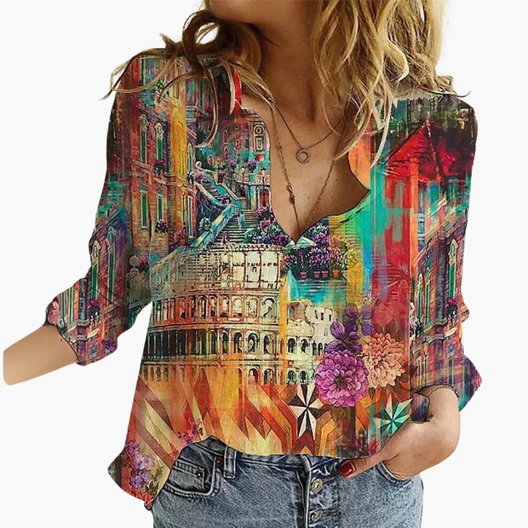 Kunstvoll bedruckte V-Ausschnitt Bluse - Damen Freizeitlook - Image 9