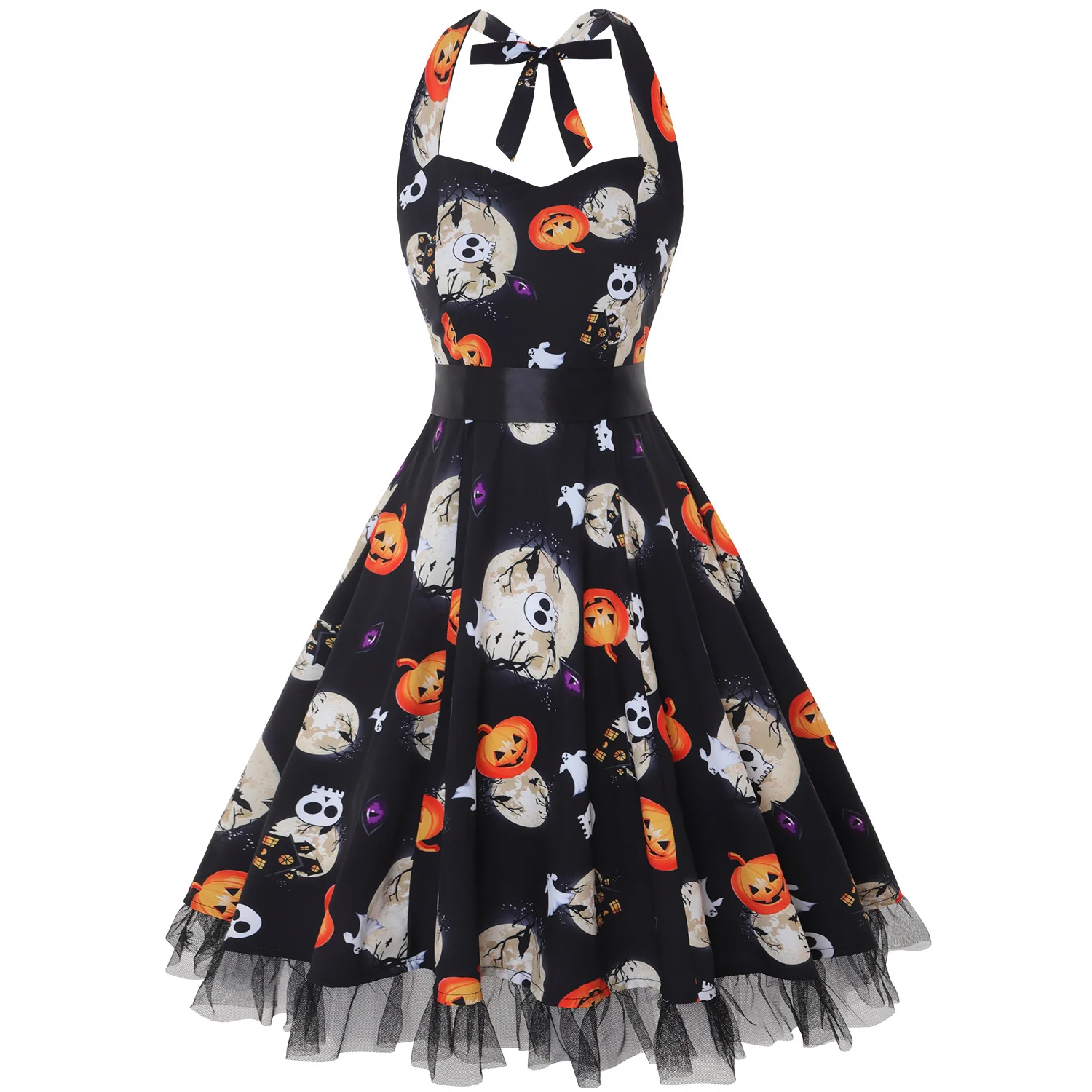 Kürbis Druck Lange Ärmel Halloween Kostum Kleid | Midi
