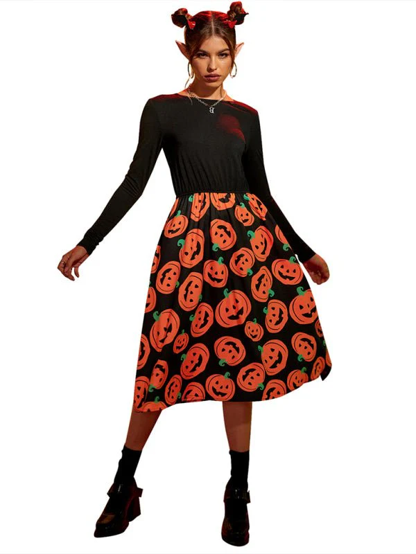 Kürbis Druck Lange Ärmel Halloween Kostum Kleid | Midi - Image 4