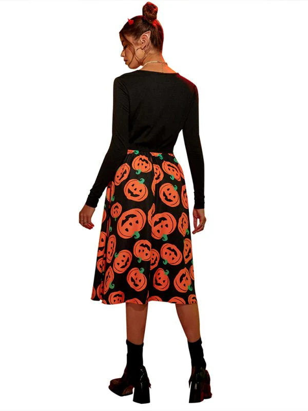 Kürbis Druck Lange Ärmel Halloween Kostum Kleid | Midi - Image 5