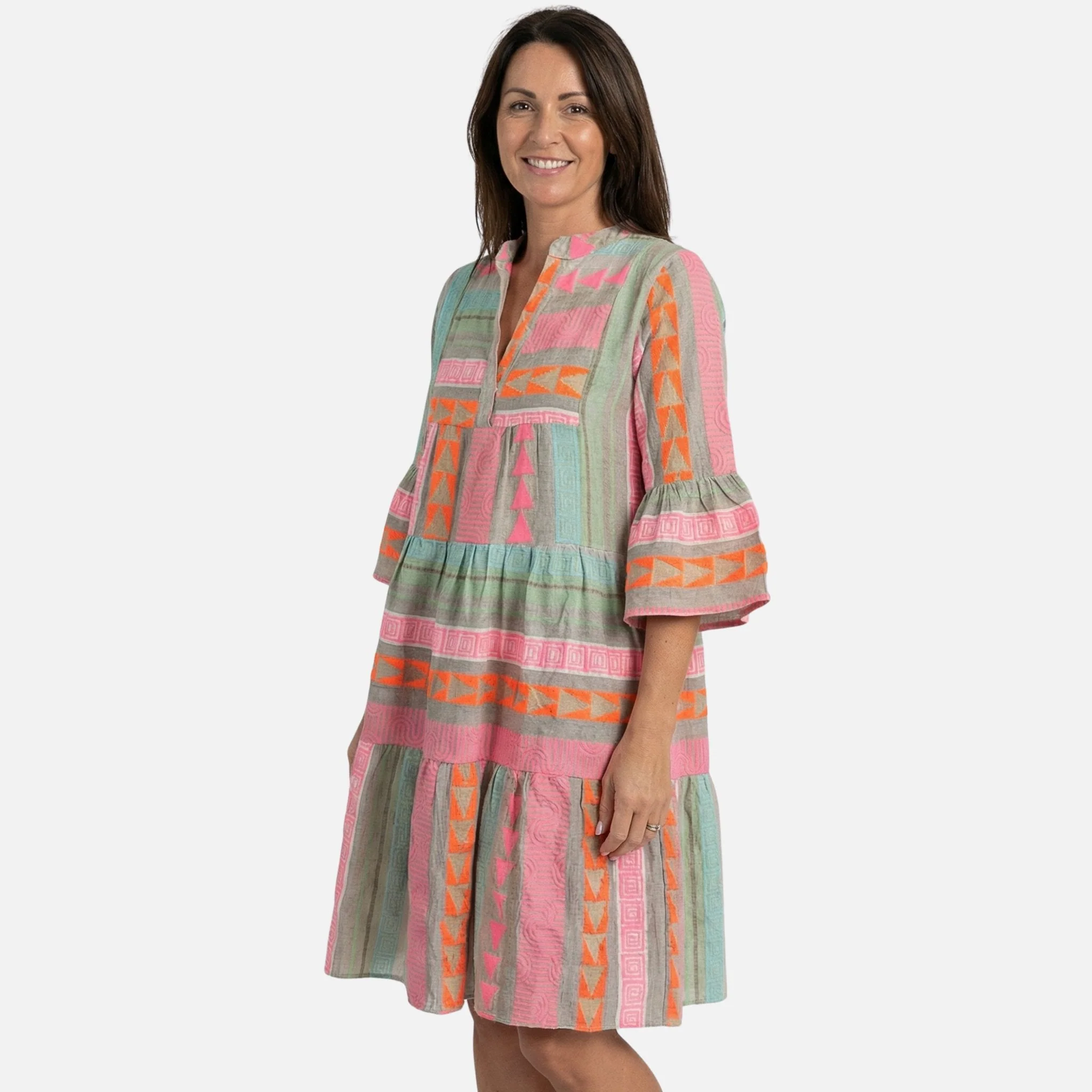 Greta | Damen Kurzes Gestuftes Leinenkleid V-Ausschnitt – Leinen Mini Sommerkleid - Image 2
