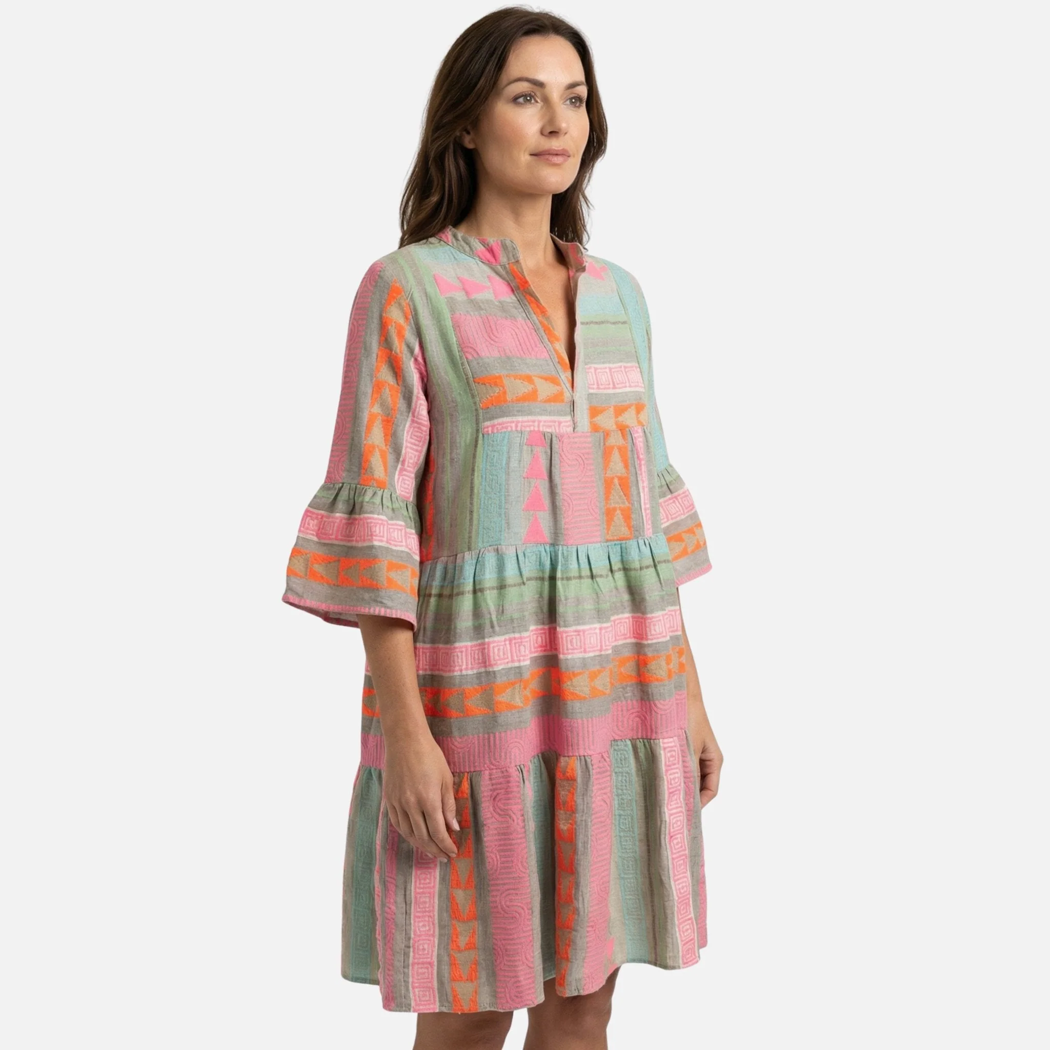 Greta | Damen Kurzes Gestuftes Leinenkleid V-Ausschnitt – Leinen Mini Sommerkleid - Image 3