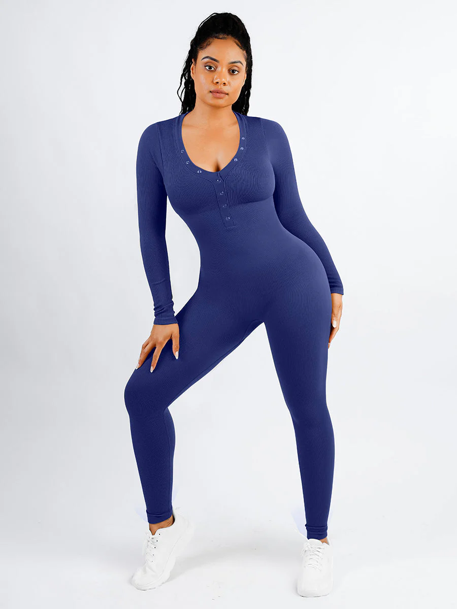 Langärmliger Jumpsuit mit V-Ausschnitt und Bauchkontrolle