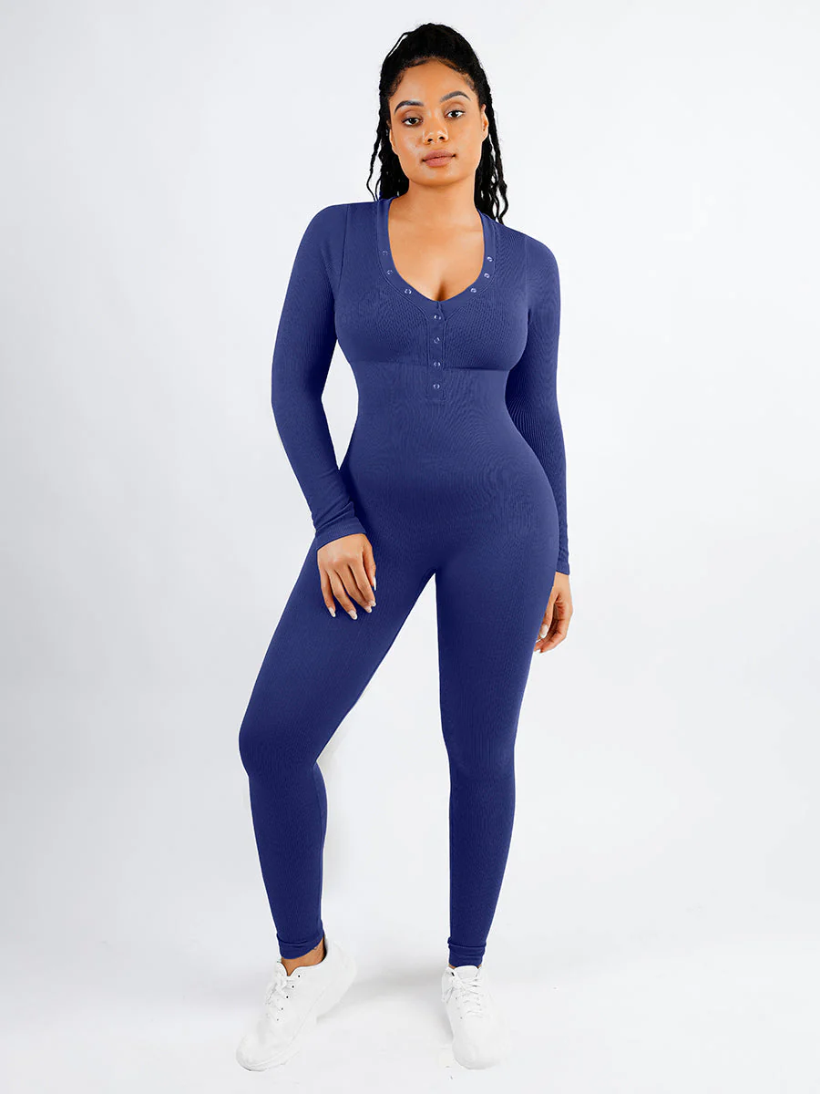 Langärmliger Jumpsuit mit V-Ausschnitt und Bauchkontrolle - Image 14