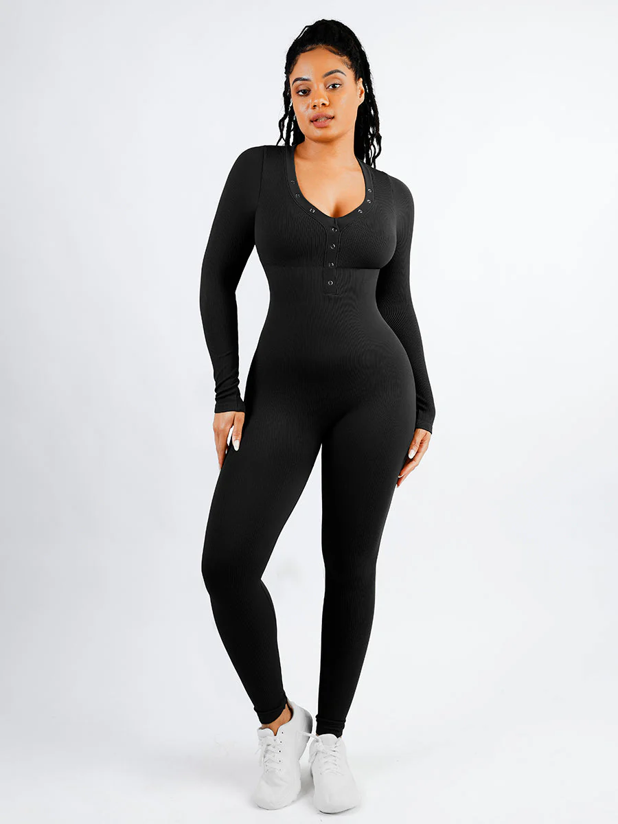 Langärmliger Jumpsuit mit V-Ausschnitt und Bauchkontrolle - Image 15