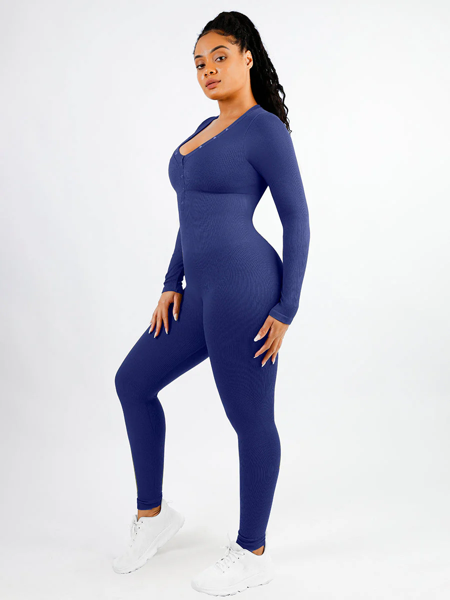 Langärmliger Jumpsuit mit V-Ausschnitt und Bauchkontrolle - Image 4