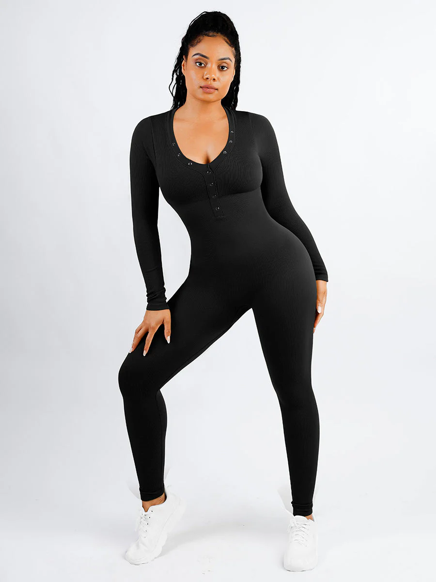 Langärmliger Jumpsuit mit V-Ausschnitt und Bauchkontrolle - Image 6