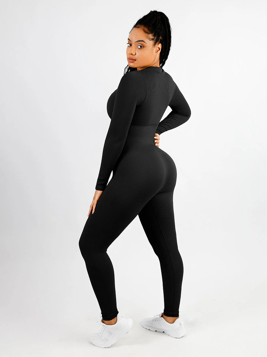 Langärmliger Jumpsuit mit V-Ausschnitt und Bauchkontrolle - Image 7