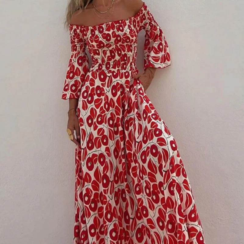 Langes Kleid mit offenen Schultern und Blumenmuster – Eleganz und sommerliche Frische