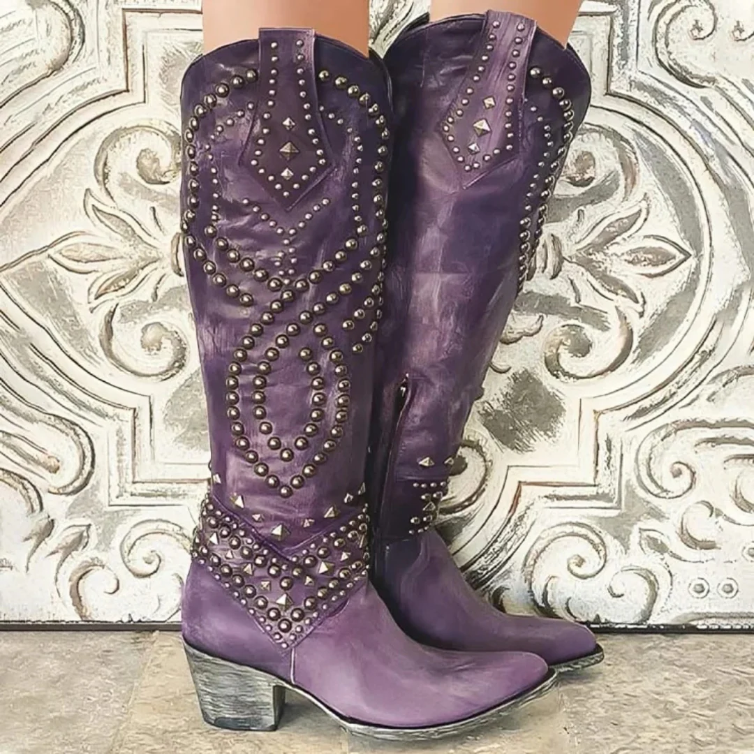 Lara | Damen Kniehohe Nieten Blockabsatz Stiefel