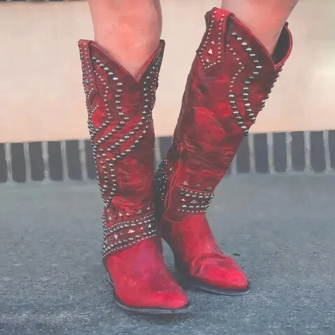 Lara | Damen Kniehohe Nieten Blockabsatz Stiefel - Image 4