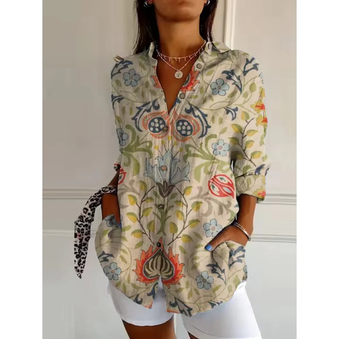 Lässig Button Down Hemd für Damen | Blumen Bedrucken