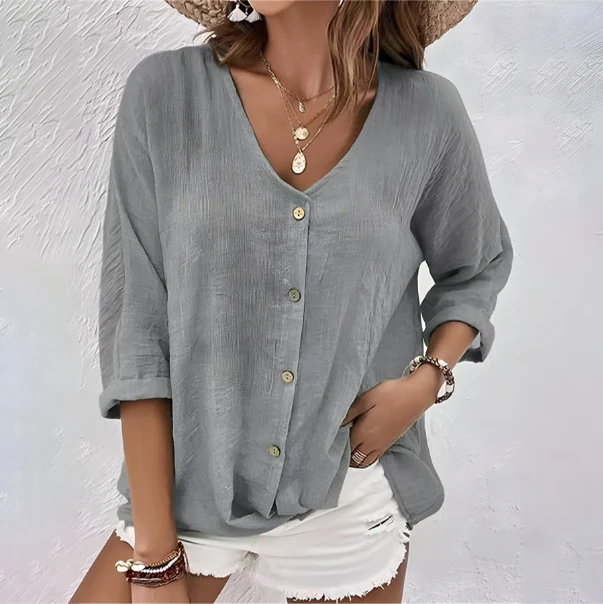Lässige Damenbluse mit Knöpfen – Elegante Bluse für den Sommer, V-Ausschnitt, Entspannte Rollärmel, Vielseitig kombinierbar - Image 3