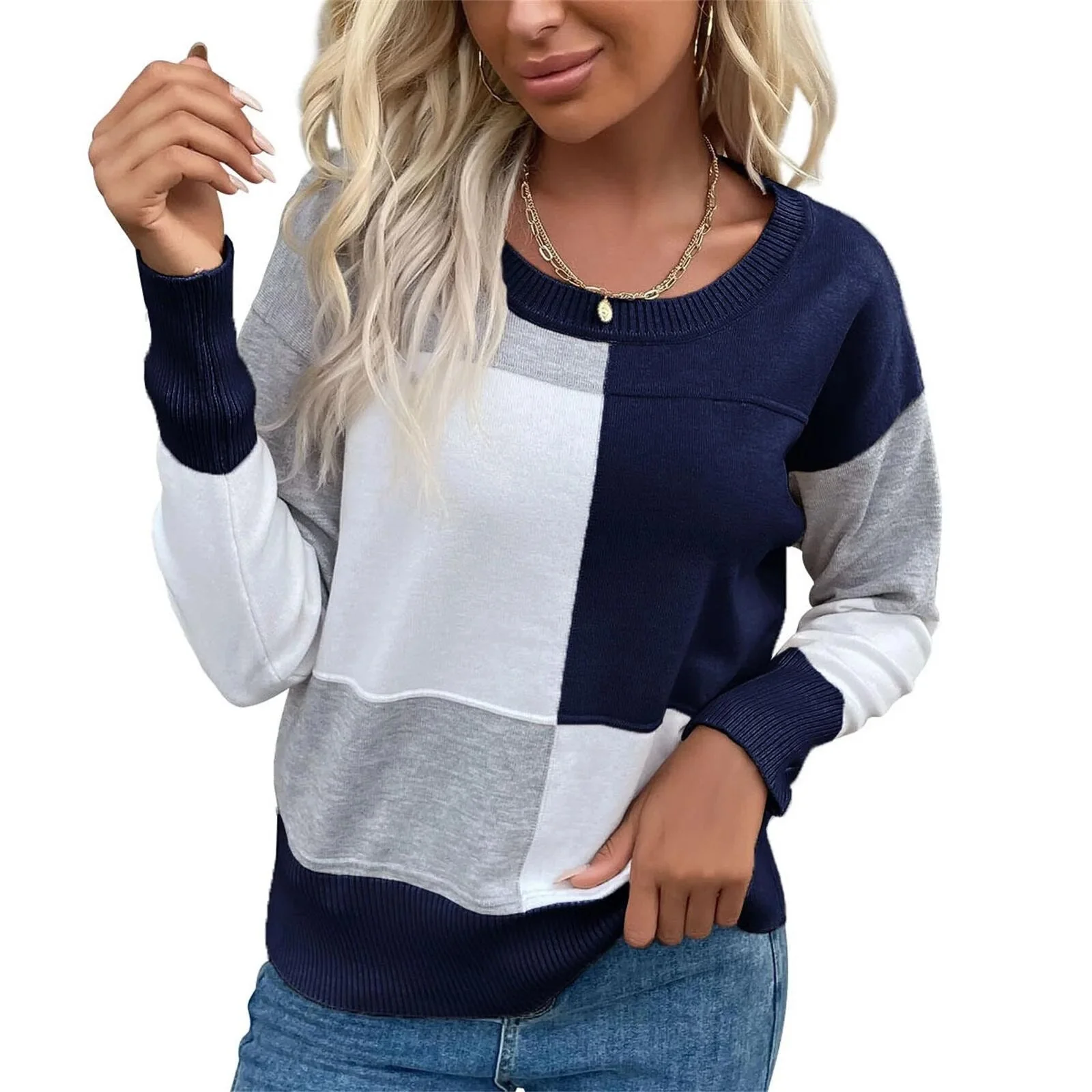 Lässiger karierter Langarmpullover mit Rundhalsausschnitt - Image 2