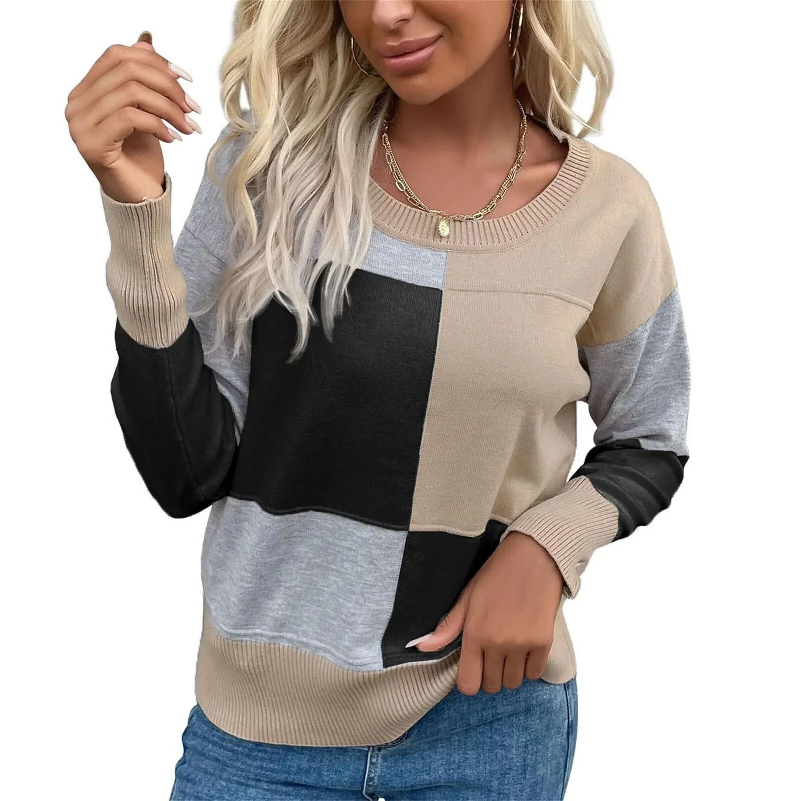 Lässiger karierter Langarmpullover mit Rundhalsausschnitt - Image 3