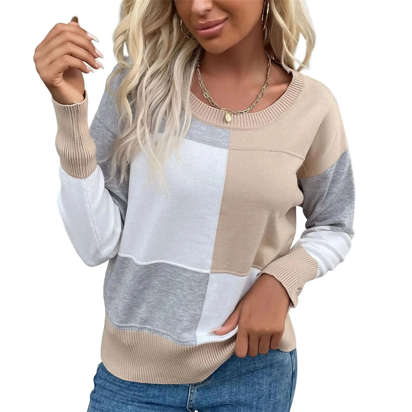 Lässiger karierter Langarmpullover mit Rundhalsausschnitt - Image 4