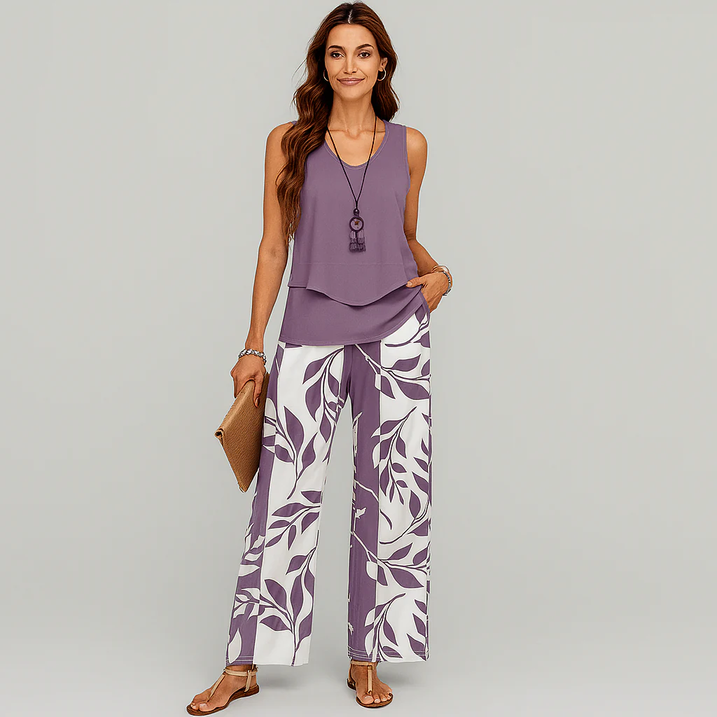 Lässiges 2-teiliges Damen-Set – Einfarbiges ärmelloses Oberteil und geblümte Hose mit weitem Bein - Image 3