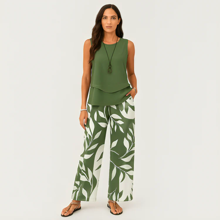 Lässiges 2-teiliges Damen-Set – Einfarbiges ärmelloses Oberteil und geblümte Hose mit weitem Bein - Image 5
