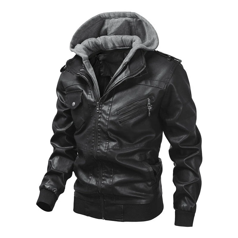 Lederjacke Herren abnehmbar Kapuze und Taschen - Image 3