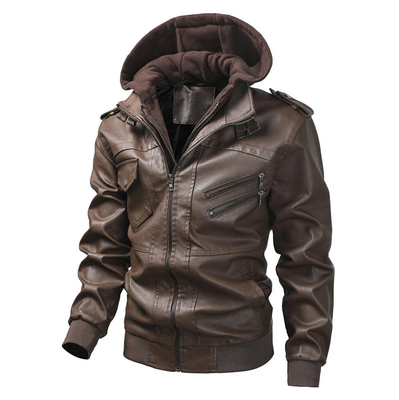 Lederjacke Herren abnehmbar Kapuze und Taschen - Image 5