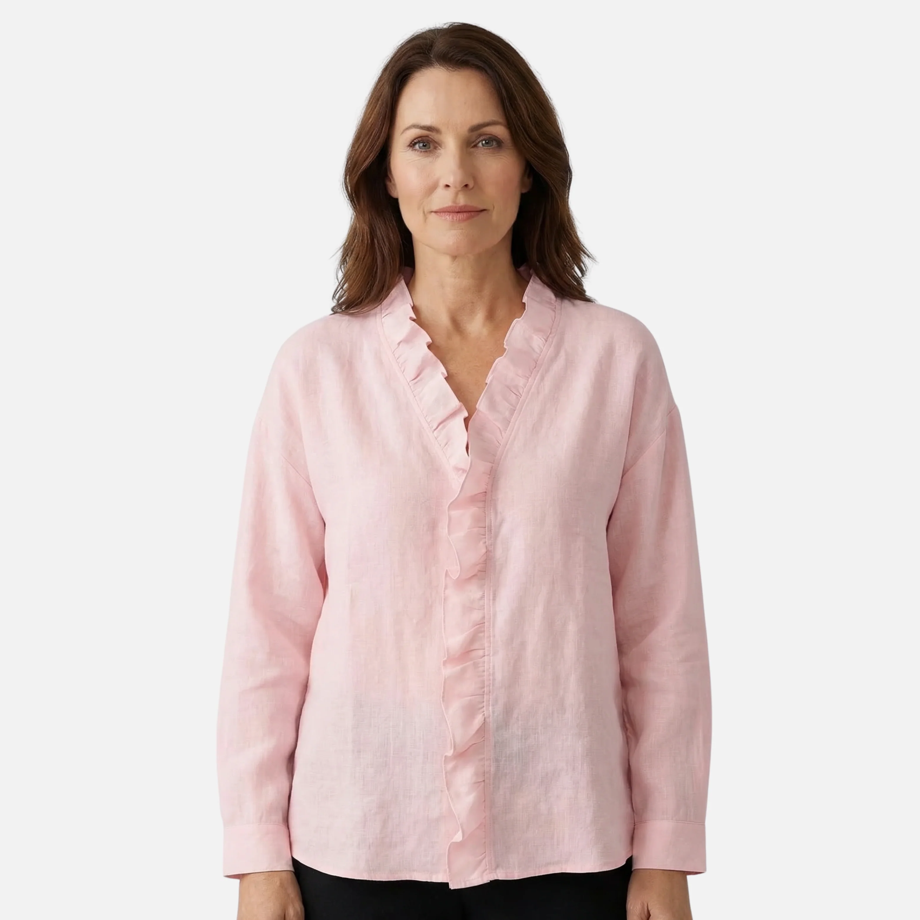 Sigrid | Damen Leichte Leinenbluse V-Ausschnitt Rüschen – Leinen Bluse Rüschen Sommer - Image 2