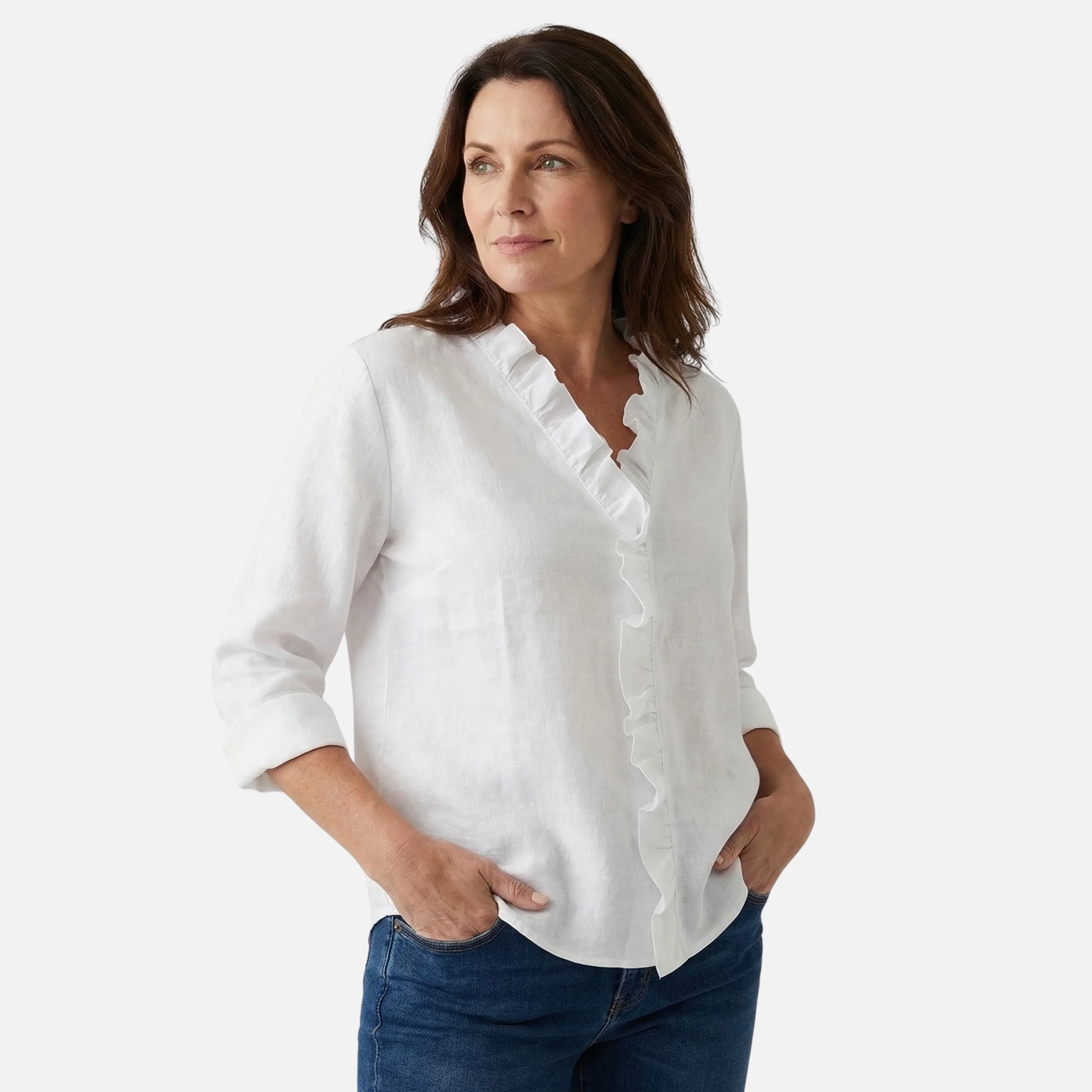 Sigrid | Damen Leichte Leinenbluse V-Ausschnitt Rüschen – Leinen Bluse Rüschen Sommer - Image 3