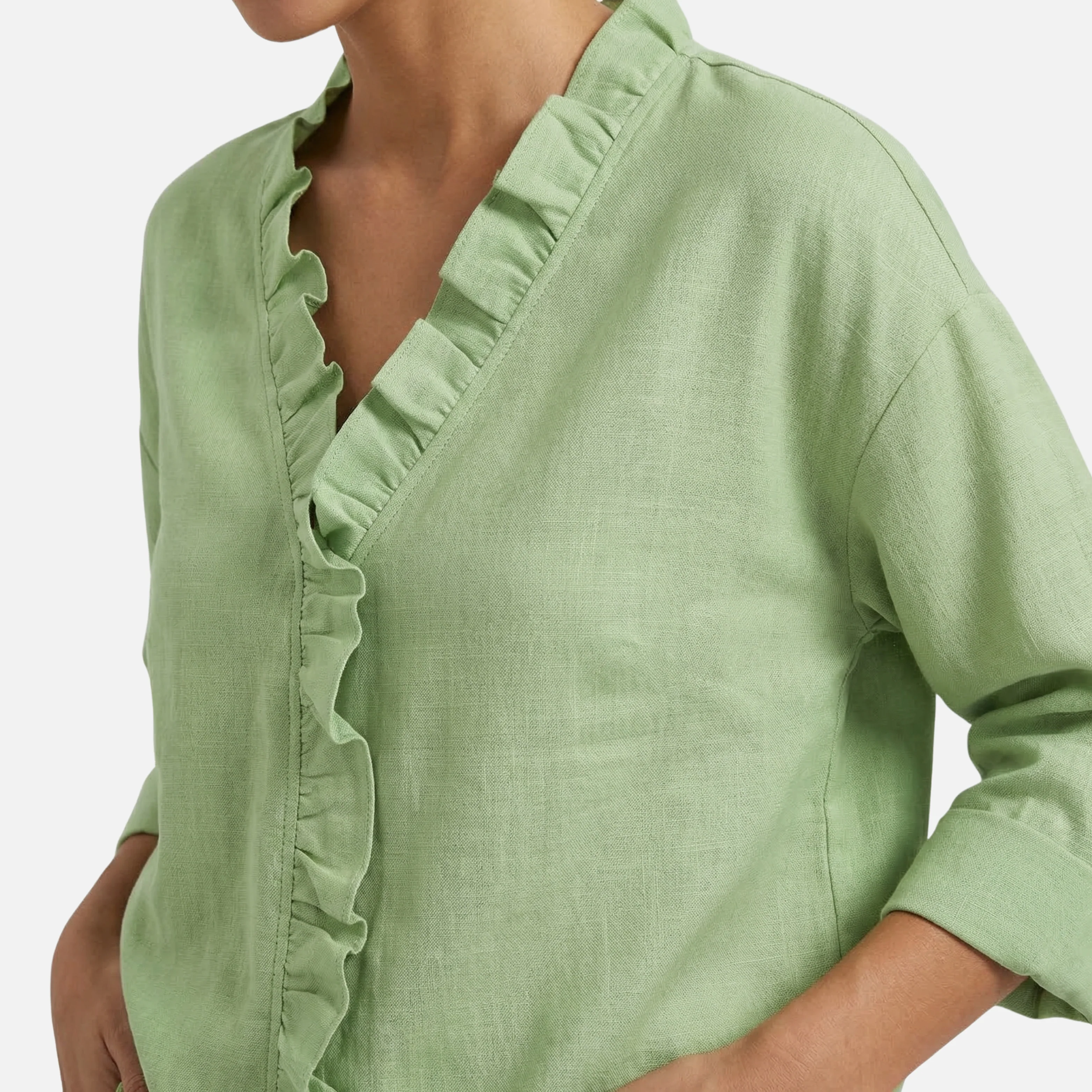 Sigrid | Damen Leichte Leinenbluse V-Ausschnitt Rüschen – Leinen Bluse Rüschen Sommer - Image 4