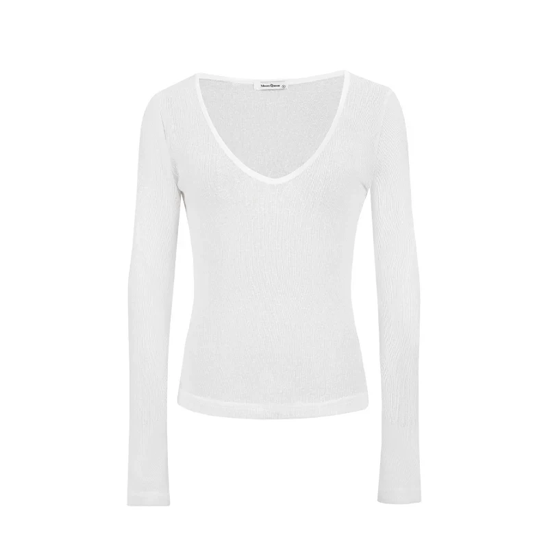 Leichtes Damen Langarm T-Shirt mit V-Ausschnitt und integrierten Cups - Image 4