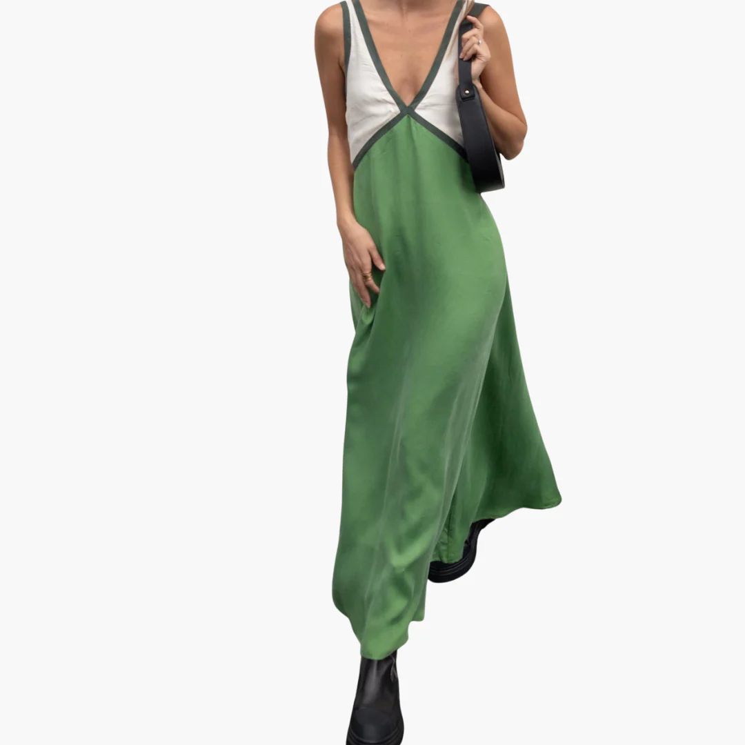 Leichtes V-Ausschnitt Maxi-Kleid für Frauen - Farbblock Design - Image 3