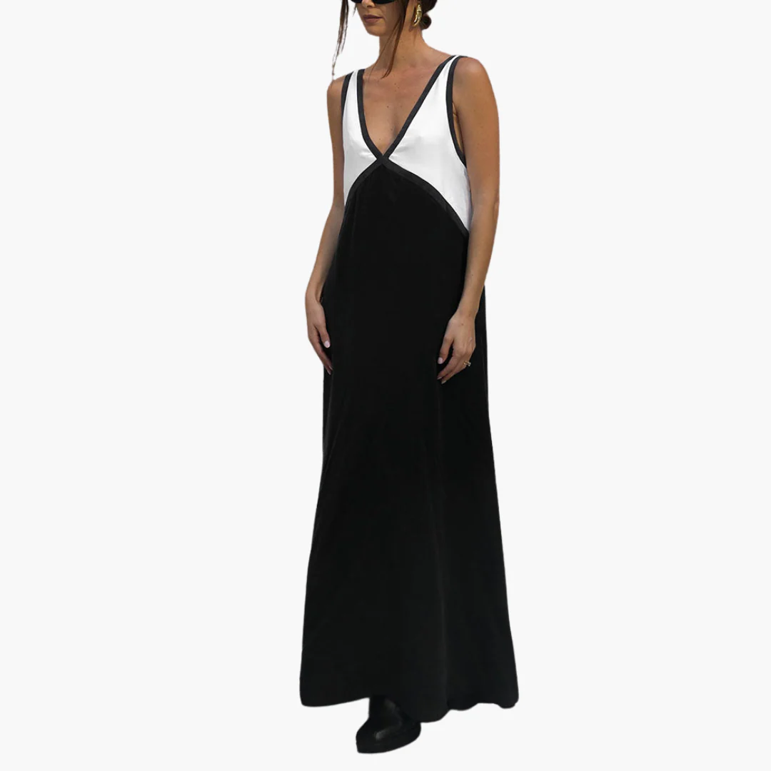 Leichtes V-Ausschnitt Maxi-Kleid für Frauen - Farbblock Design - Image 4