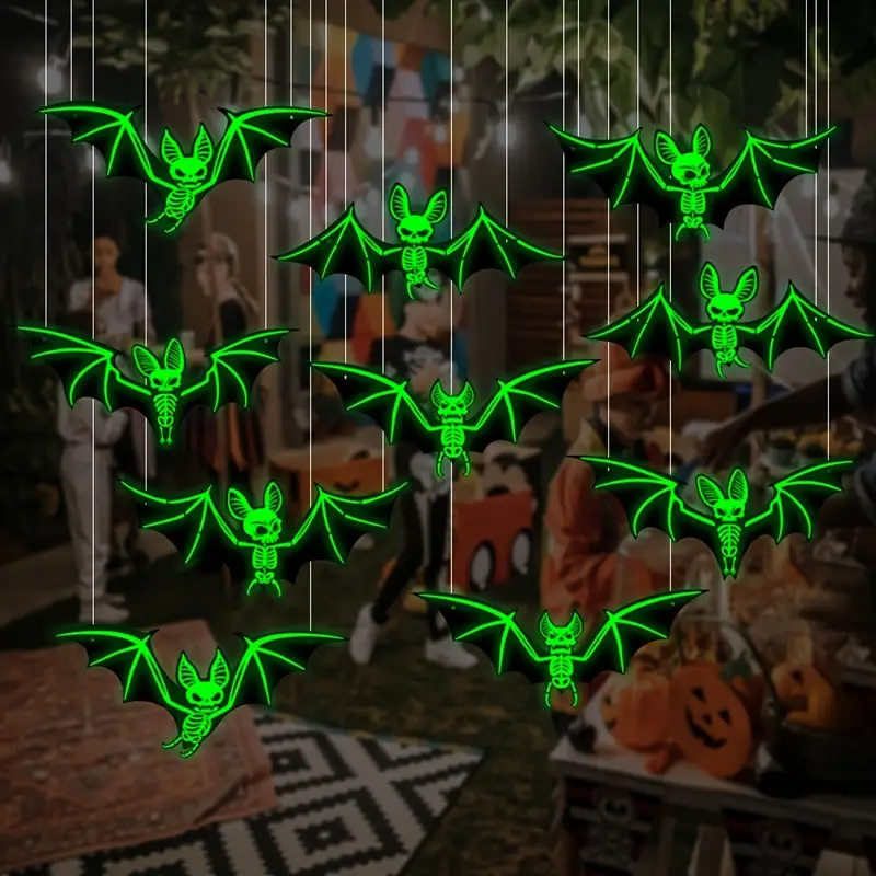 Leuchtendes Fledermaus-Set – 10-teiliges 3D-Halloween-Wand- und Deckendekor aus Kunststoff - Image 3