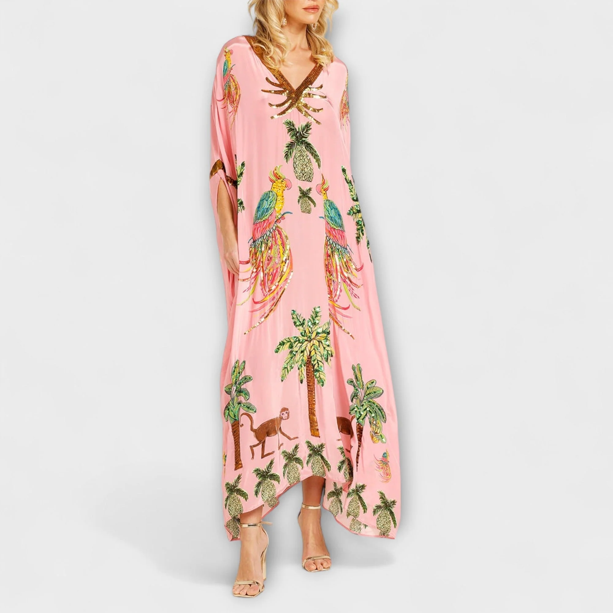 Linda - Elegantes Kleid mit asymmetrischen Schultern und Kokosnussbaum-Muster - Image 3