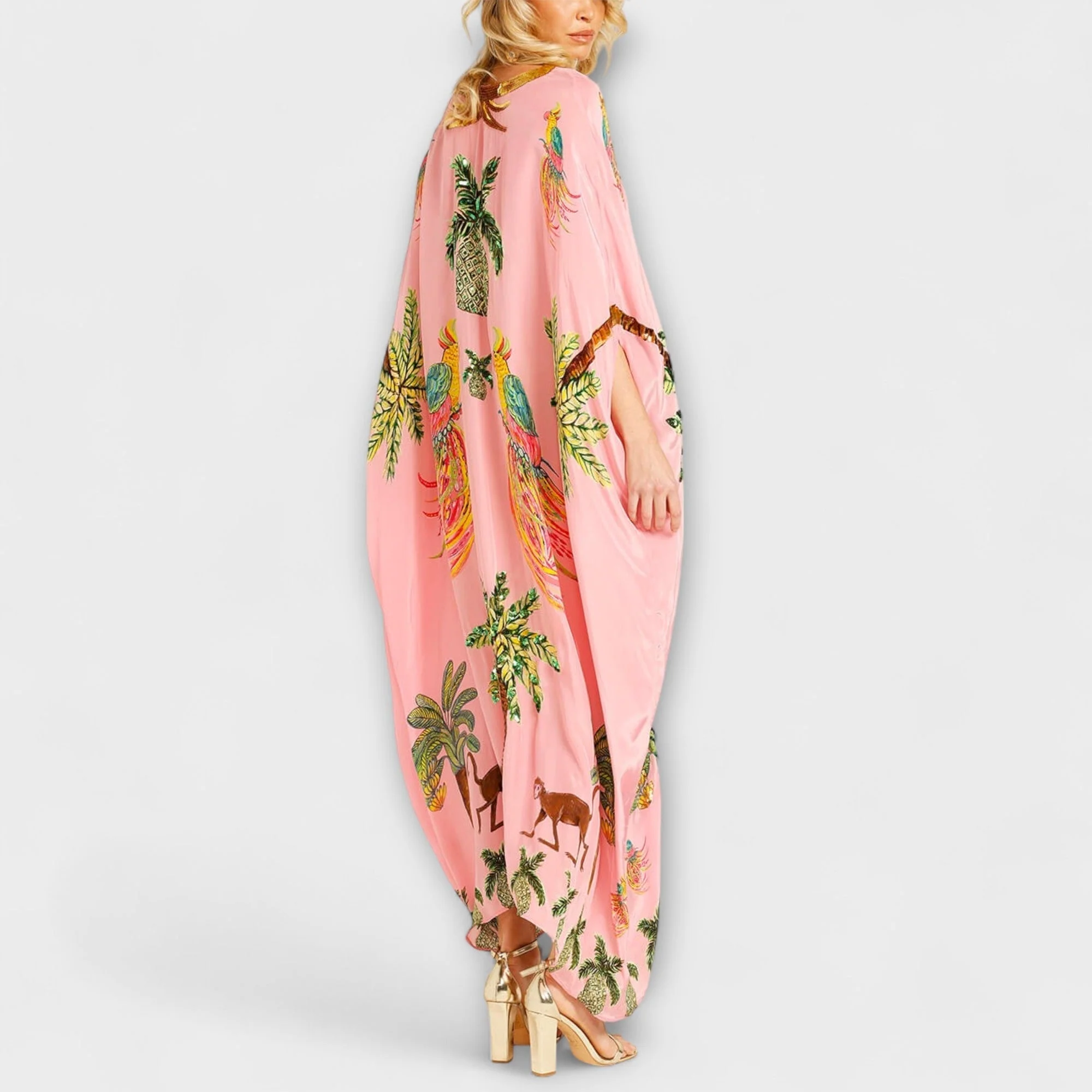 Linda - Elegantes Kleid mit asymmetrischen Schultern und Kokosnussbaum-Muster - Image 4