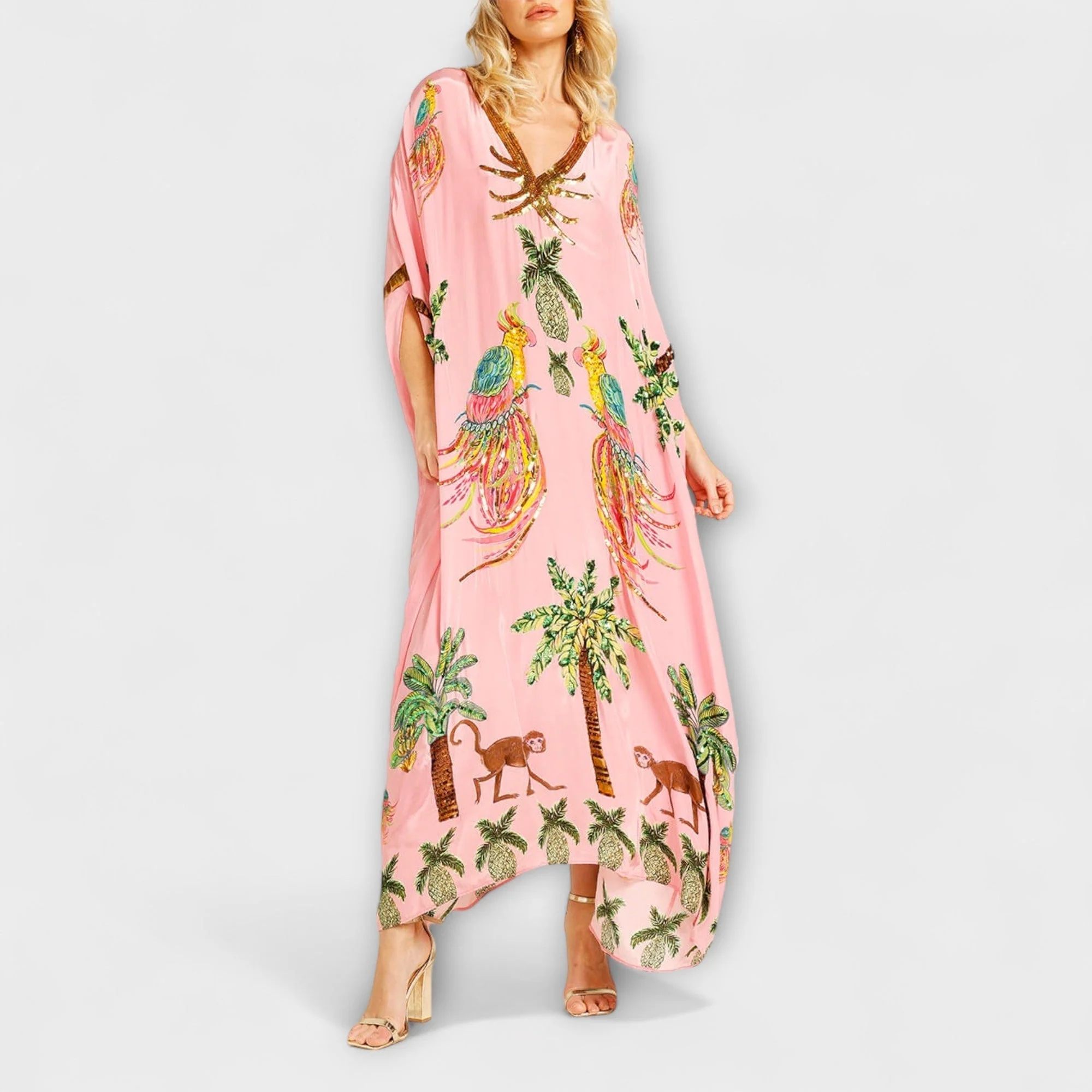 Linda - Elegantes Kleid mit asymmetrischen Schultern und Kokosnussbaum-Muster - Image 9