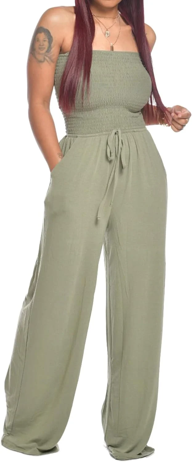 Lola - Schulterfreier Einfarbiger Gesmokter Jumpsuit - Image 10