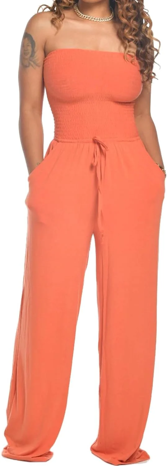 Lola - Schulterfreier Einfarbiger Gesmokter Jumpsuit - Image 14