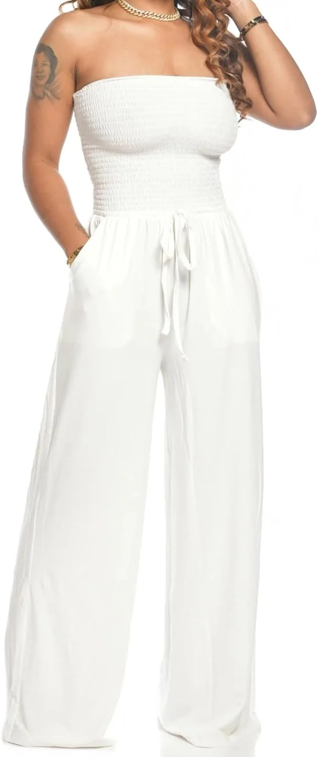 Lola - Schulterfreier Einfarbiger Gesmokter Jumpsuit - Image 8