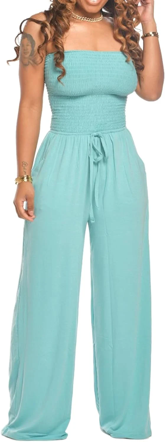 Lola - Schulterfreier Einfarbiger Gesmokter Jumpsuit - Image 9