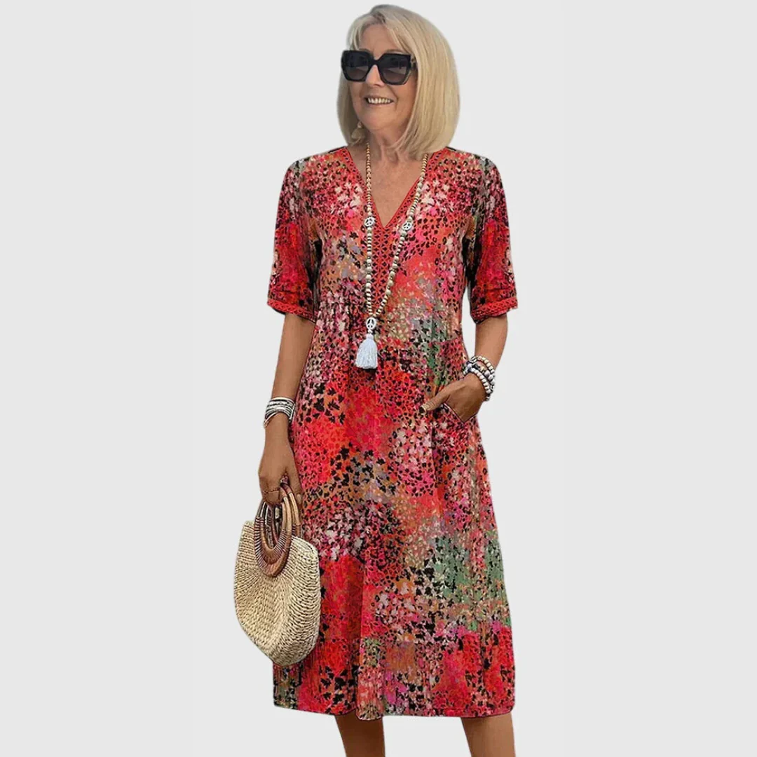 Maja | Damen Bedrucktes V-Ausschnitt Midi Kleid - Image 2