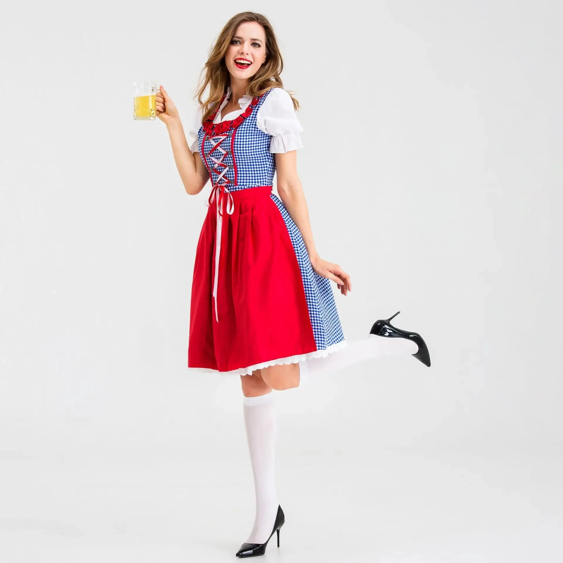 Mandy | Klassisches Dirndlkleid mit rot-blauem Karomuster und Schürze - Image 4