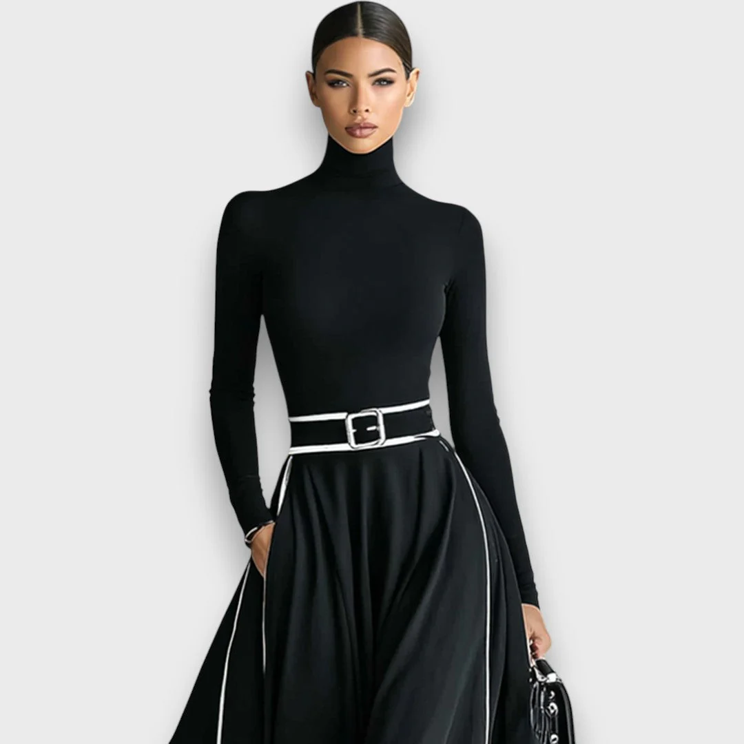 Marceline – Schwarzes Maxikleid mit weißen Nähten - Image 3