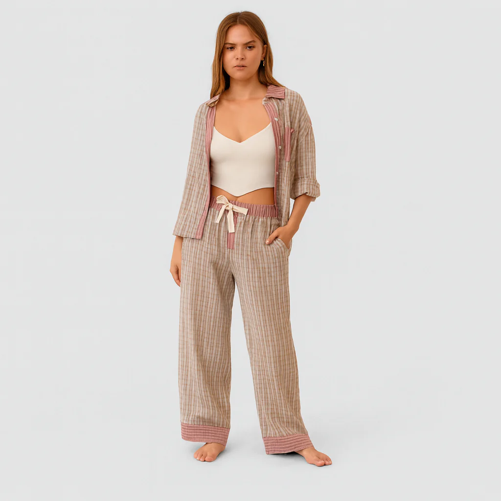 Marcelline | Set aus kariertem Langarmhemd und Hose mit weitem Bein
