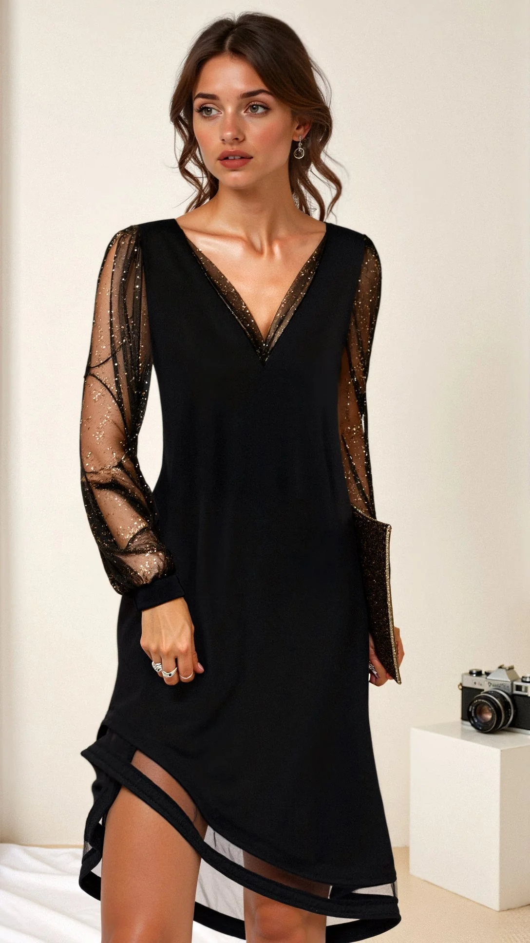 Maria - Elegantes und stilvolles schwarzes Kleid mit durchsichtigen Ärmeln für Frauen