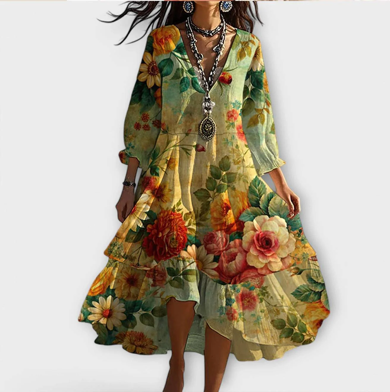 Marina - Vintage Boho Floral Print V-Neck Dress