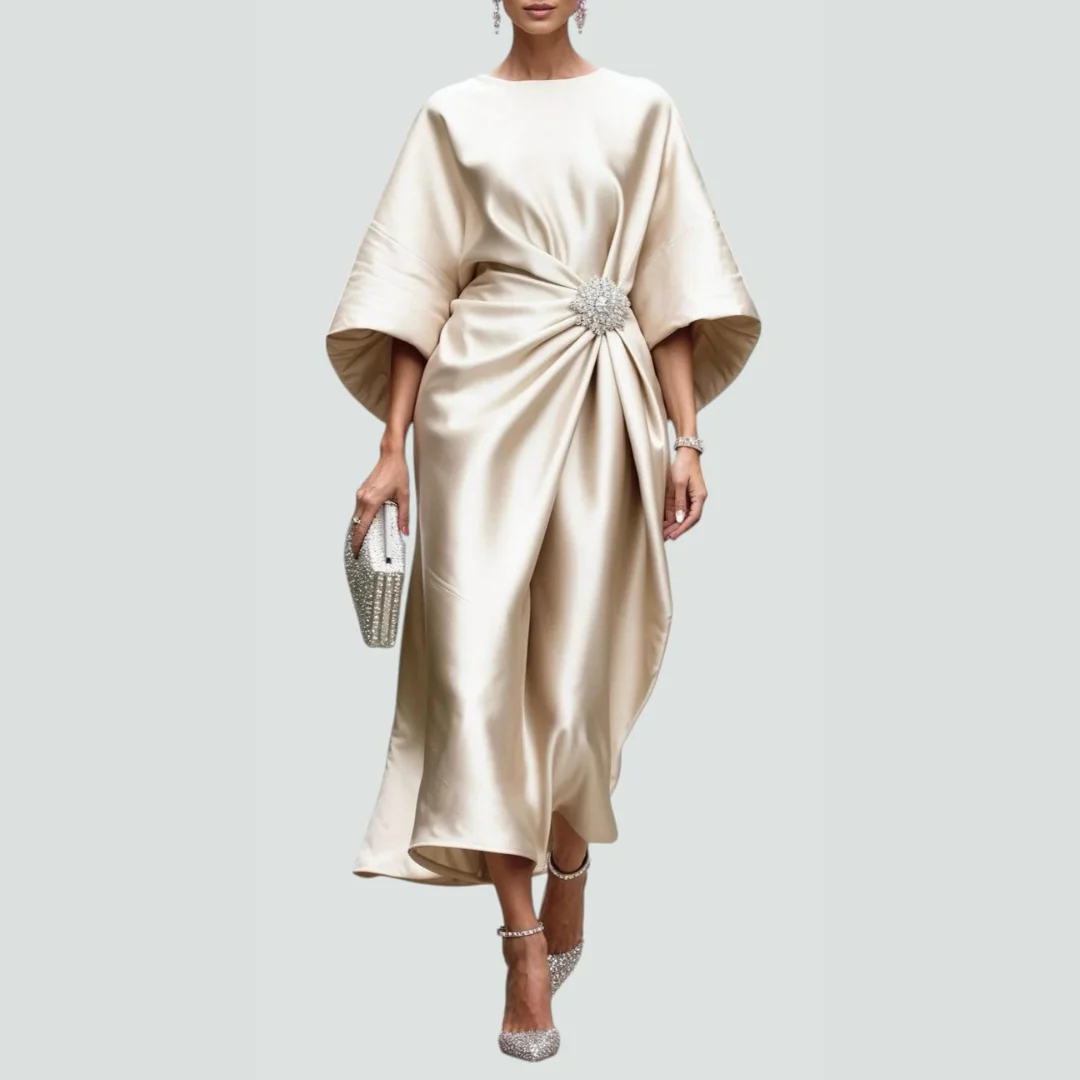 Michaela | Damen Drapiertes Fledermausärmel Midi Kleid - Image 6