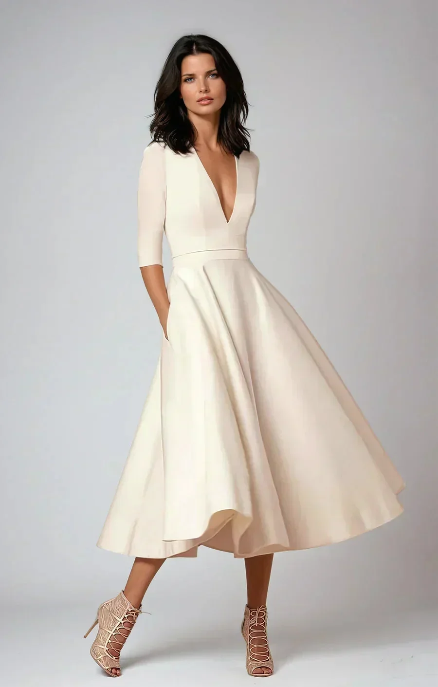 Jana | Damen Midi Kleid V-Ausschnitt 3/4-Ärmel Taschen – A-Linie Midi Kleid 2026