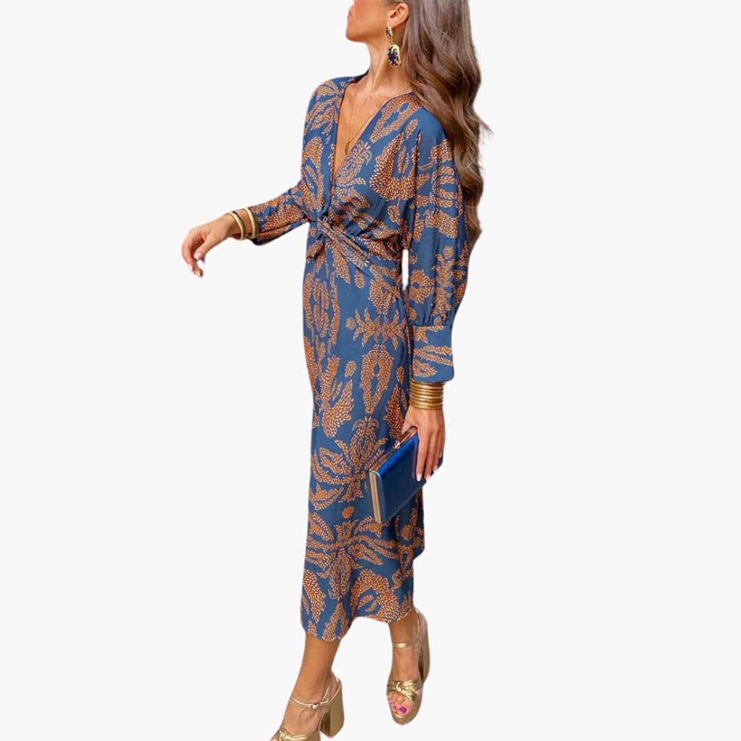 Midikleid für Damen - Blumenmuster, Langarm & V-Ausschnitt