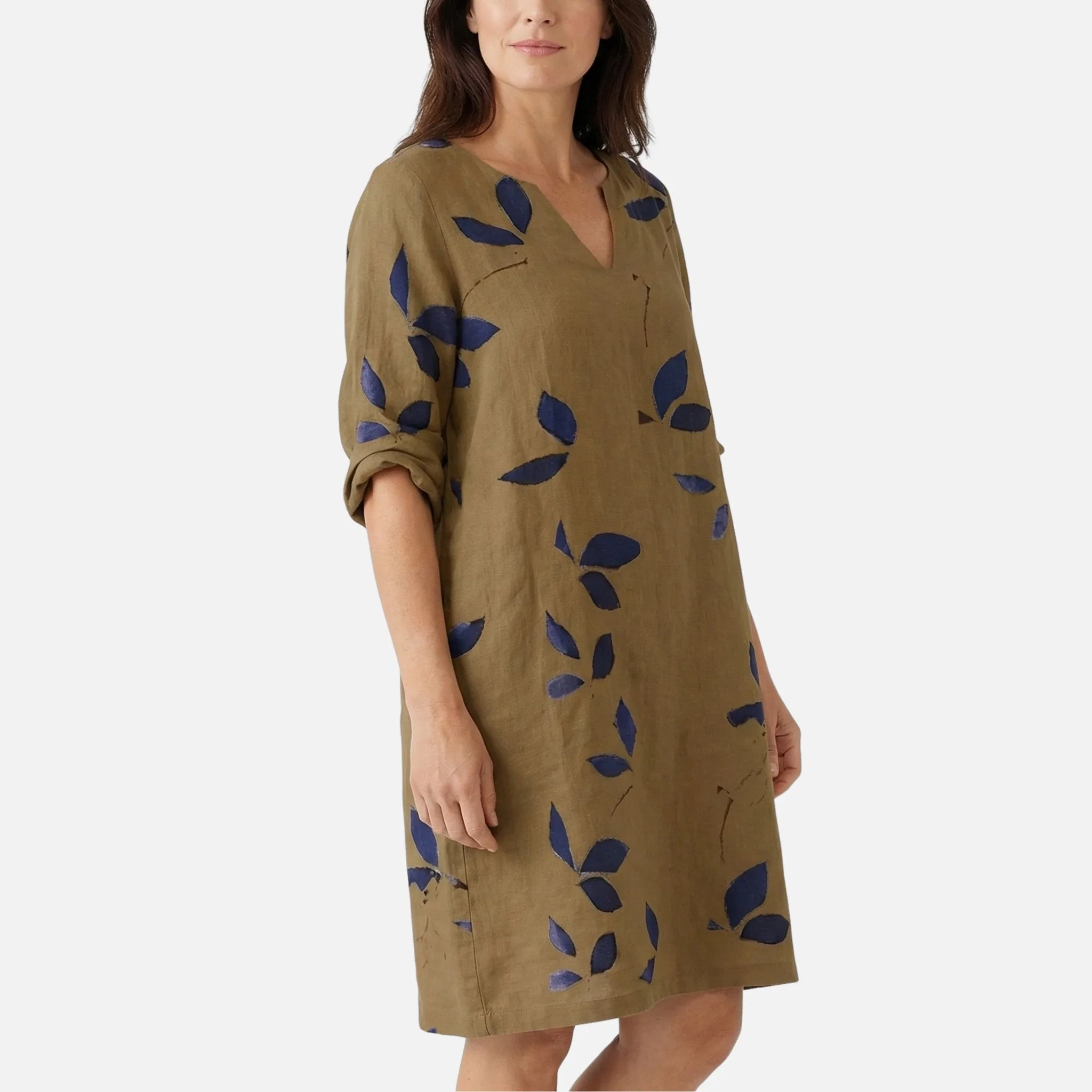 Ingeborg | Damen Midikleid V-Ausschnitt 3/4-Ärmel Blättermuster – Blätter Midi Kleid - Image 3