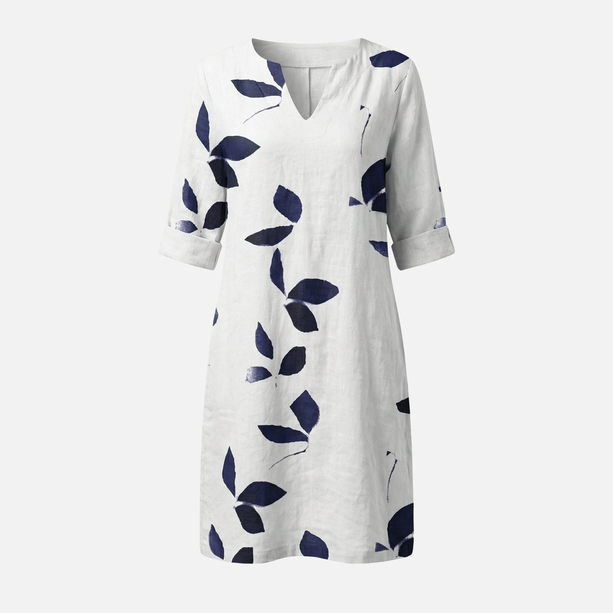 Ingeborg | Damen Midikleid V-Ausschnitt 3/4-Ärmel Blättermuster – Blätter Midi Kleid - Image 7